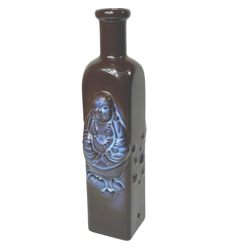 Vintage Ceramic Buddha Bottle Brown Blue Iridescent Hotei Embossed Decor Vase